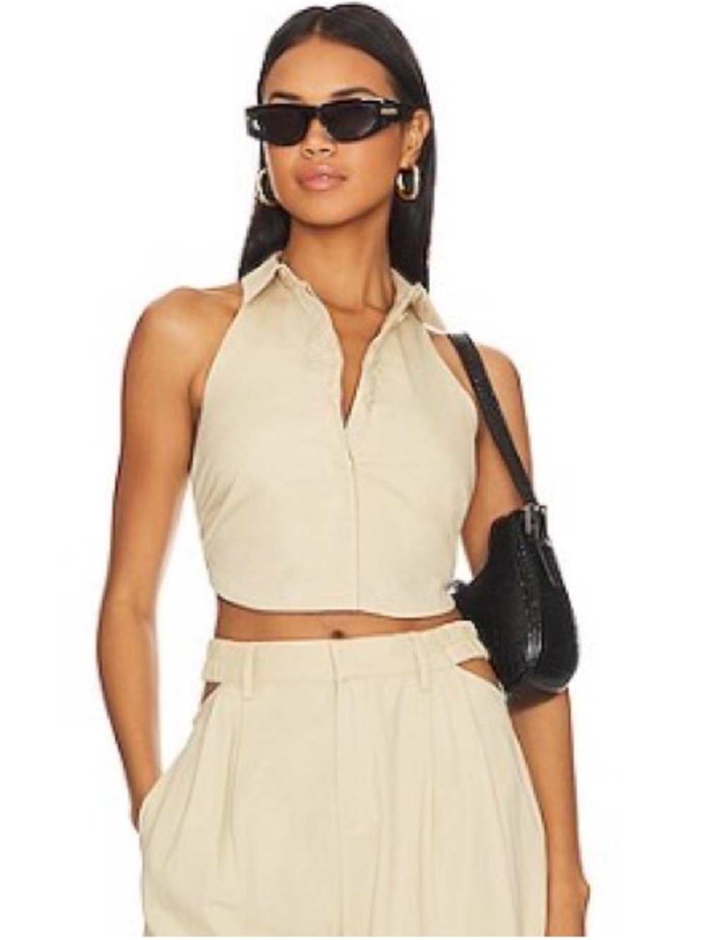 Beige Removable Shirt Collar Crop Top